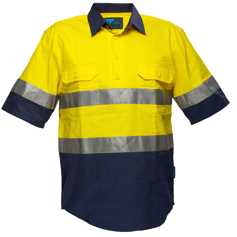Prime Mover Hi-Vis Two Tone Regular Weight Short Sleeve Closed Front Shirt with Tape